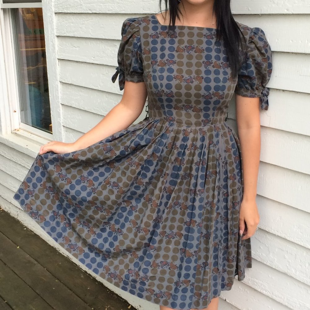 Polka Dot Dress Country Full Skirt Gray 60s XS S